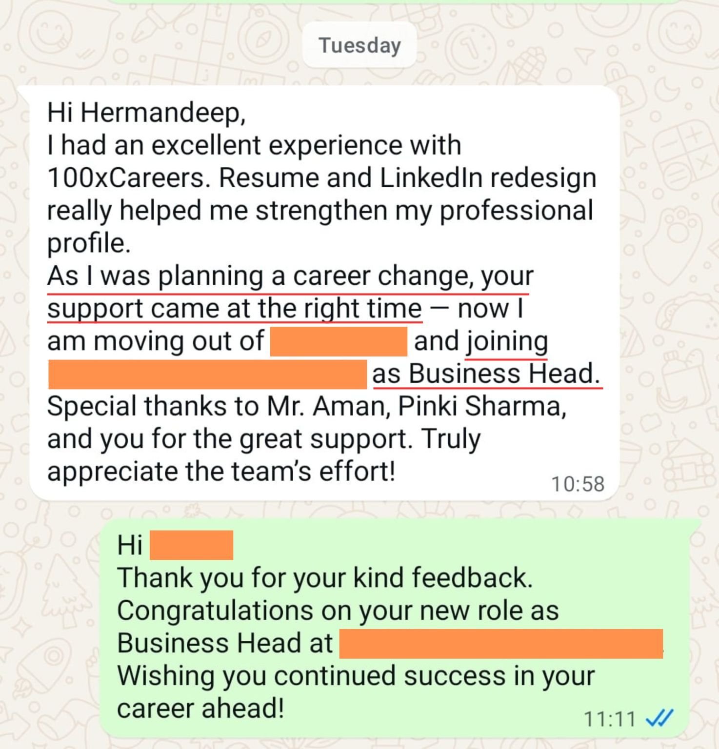 WhatsApp message from a client about career change to Business Head