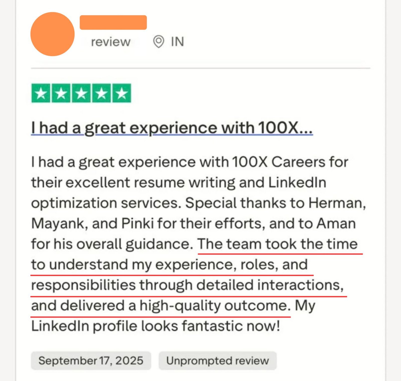 Trustpilot review: I had a great experience with 100X Careers