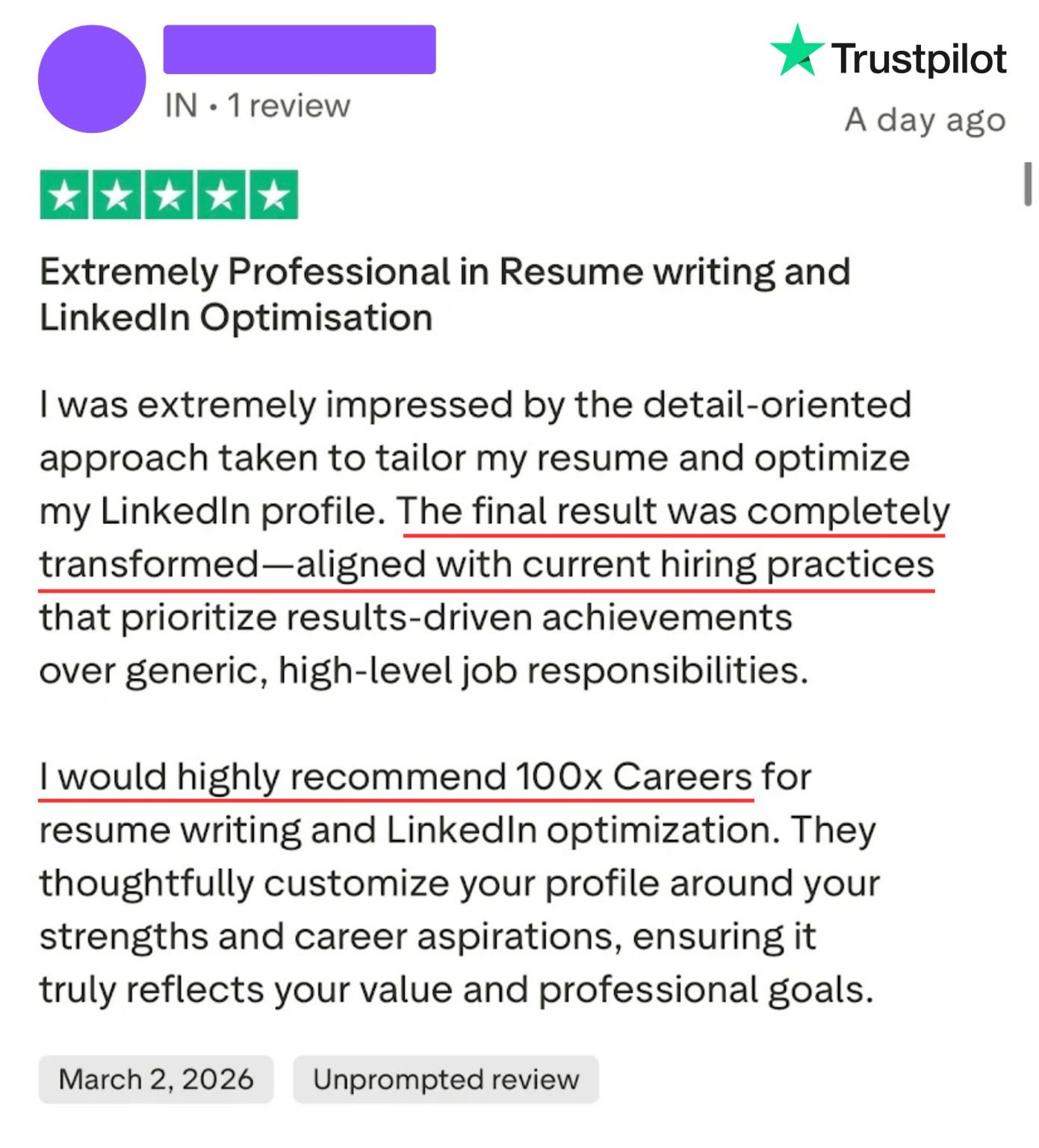 Trustpilot review: Extremely Professional in Resume writing and LinkedIn Optimisation