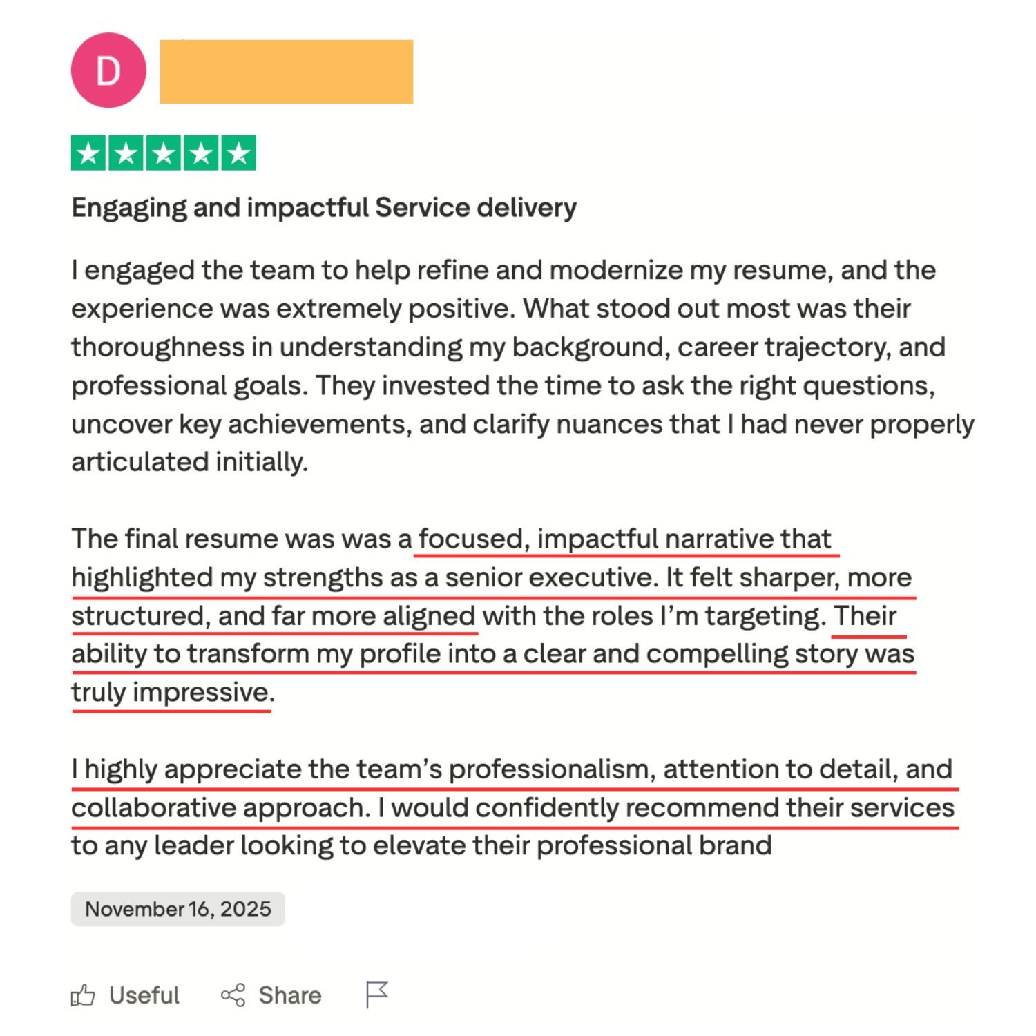 Trustpilot review: Engaging and impactful Service delivery