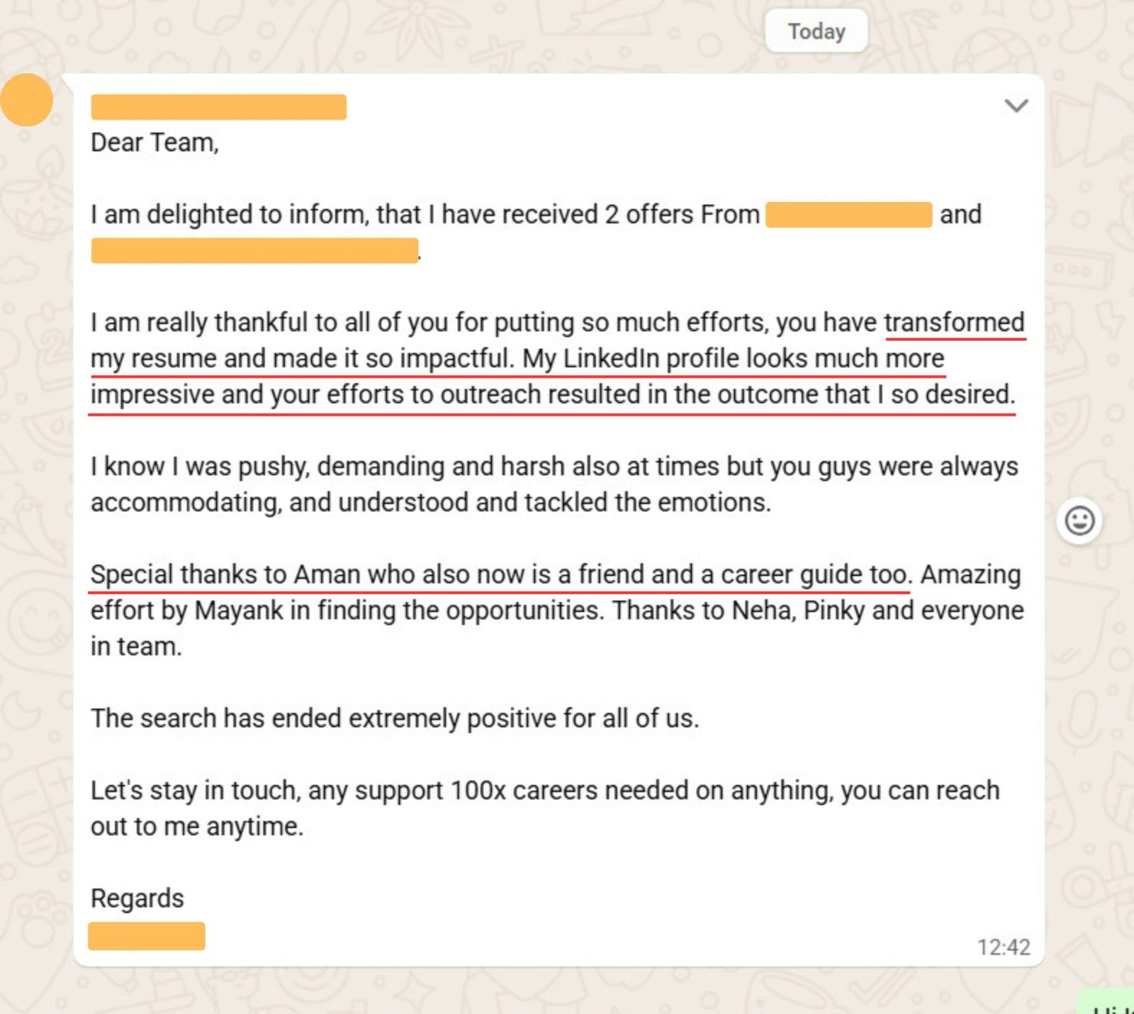 WhatsApp message: client received 2 offers and credits 100xCareers team