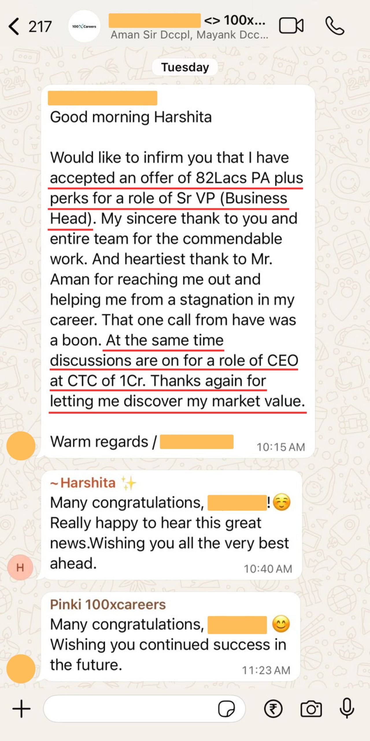 WhatsApp message: 82 Lacs PA offer for Sr VP role