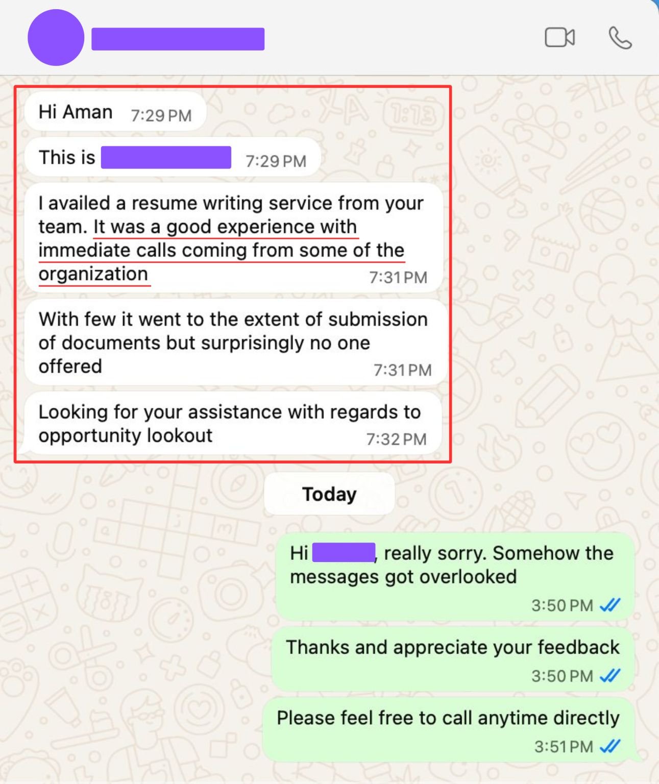 WhatsApp message: client looking for assistance with opportunity lookout