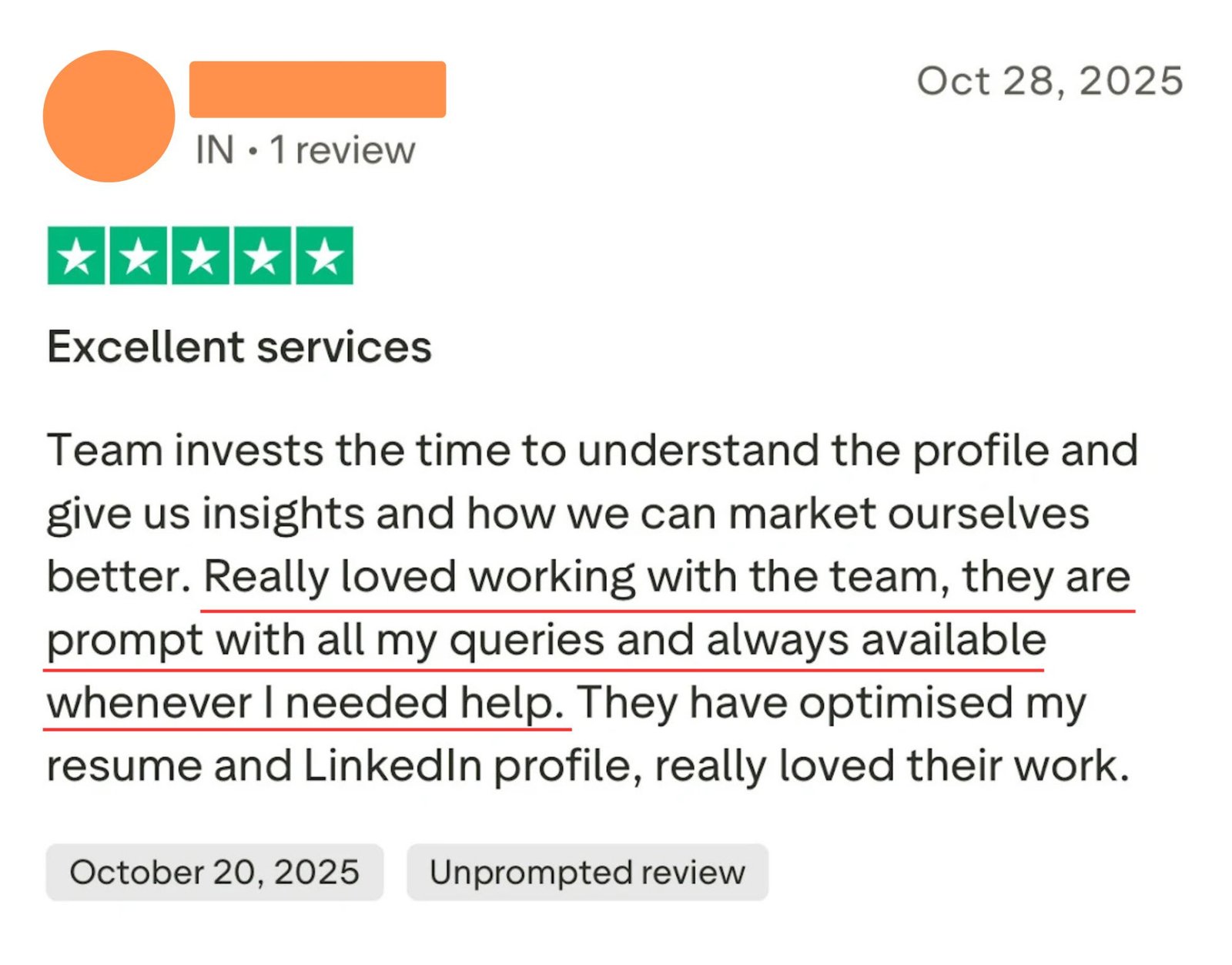 Trustpilot review: Excellent services