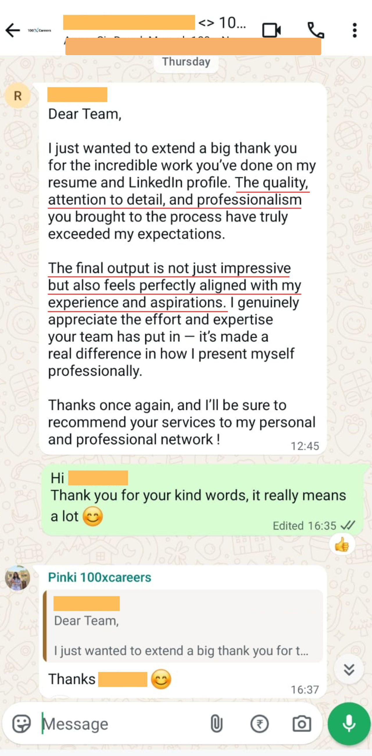 WhatsApp thank you message after resume and LinkedIn rewrite