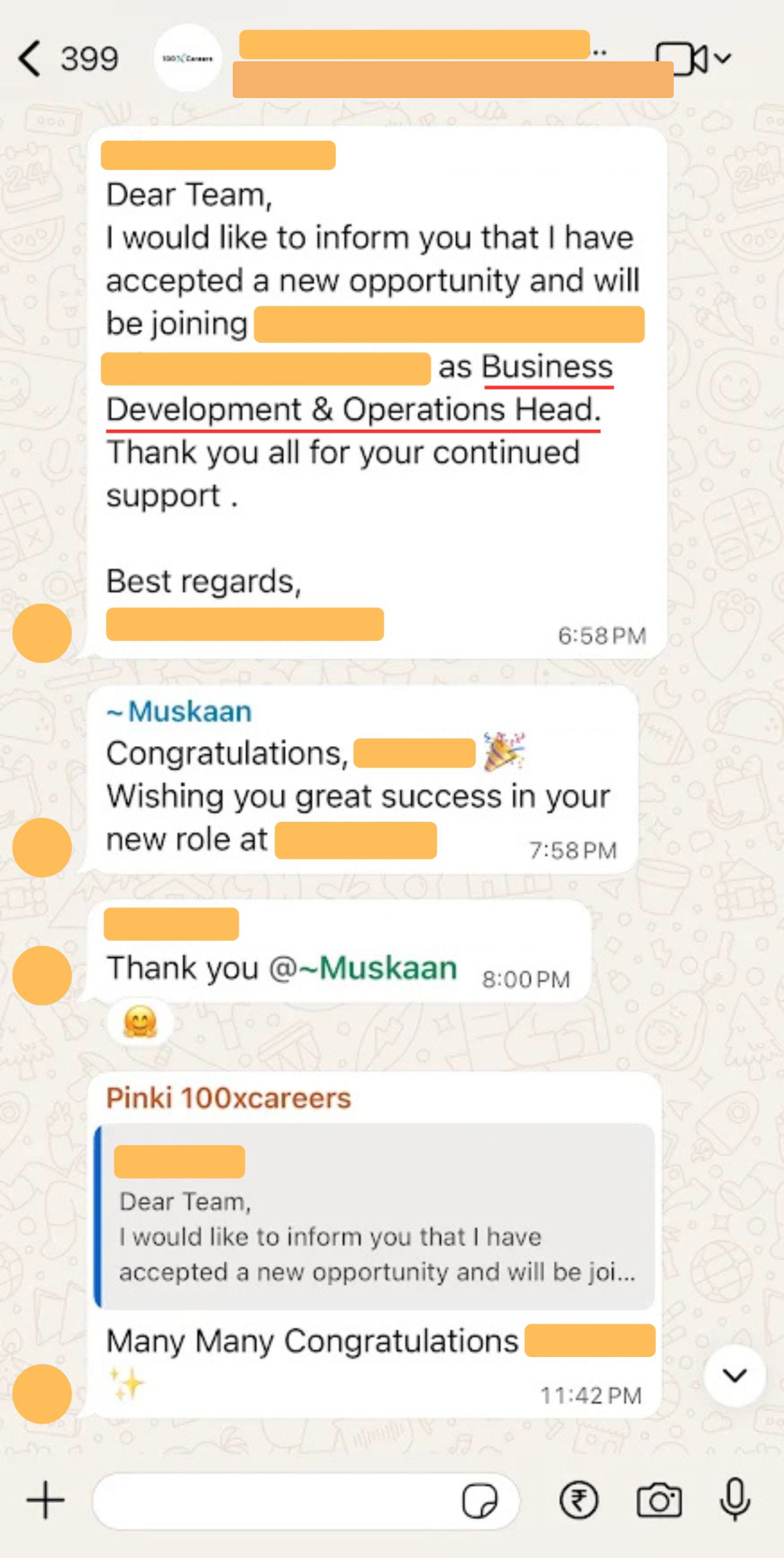 WhatsApp message: client joining new role as Business Development & Operations Head